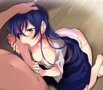  1girl bar_censor barefoot blue_hair blush breasts censored fellatio hakama hand_on_another's_head hetero japanese_clothes kneeling licking long_hair love_live! love_live!_school_idol_project medium_breasts nipples oral penis precum solo_focus sonoda_umi tomohico tongue tongue_out yellow_eyes 