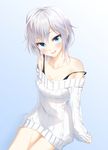  anastasia_(idolmaster) aran_sweater bare_shoulders blue_eyes breasts cleavage dress hionhk idolmaster idolmaster_cinderella_girls md5_mismatch medium_breasts off-shoulder_sweater open_mouth short_hair silver_hair smile solo strap_slip sweater sweater_dress 