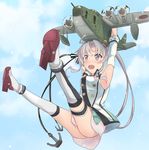  :d ahoge akitsushima_(kantai_collection) anchor_hair_ornament armpit_cutout armpits arms_up double-breasted flying green_skirt hair_ornament ido_(teketeke) kantai_collection leg_garter legs_up military military_uniform nishikitaitei-chan open_mouth pleated_skirt purple_eyes purple_hair side_ponytail skirt smile thighhighs uniform 