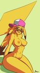  1girl areolae baseball_cap blush_stickers breasts furry glasses hat highres navel nipples no_humans nude personification pikachu pikachu_ears pikachu_tail pokemon sitting solo sven_(svenners) tail thick_thighs thighs uncensored yellow_skin 