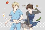  1girl aldnoah.zero apron bad_id bad_pixiv_id blue_eyes blush egg eyepatch food fork genderswap genderswap_(mtf) kaizuka_inaho knife ladle open_mouth red_eyes skirt slaine_troyard vegetable 