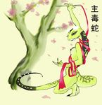  anthro anthrofied blue_eyes breasts cherry_blossom chinese_text claws crouching dancing eyelashes flower kung_fu_panda looking_at_viewer master_viper nude plant reptile ribbons scalie smile snake tattoo text tree whitefenrril 