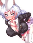  alternate_costume animal_ears bent_over blazer blue_eyes blush braid breasts bunny_ears cleavage collarbone commentary_request cosplay crescent highres jacket large_breasts long_hair long_sleeves open_mouth reisen_udongein_inaba reisen_udongein_inaba_(cosplay) shirt shocked_eyes silver_hair skirt solo thighhighs thighs touhou very_long_hair wavy_mouth white_legwear yagokoro_eirin zan_(harukahime) 