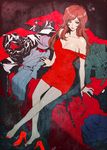  1girl artist_request breasts brown_eyes brown_hair character_request cleavage clothes dress female full_body legs long_hair lupin_iii mine_fujiko nail_polish red_dress s_tanly solo 