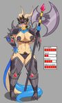  anthro armor axe big_breasts blue_eyes blue_scales blush breasts brown_hair clothed clothing dragon drakthug ear_piercing facial_piercing female hair horn nipples norael pasties piercing pubes scalie skimpy solo voluptuous weapon 