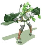  2014 anthro barefoot bazooka belt bent_over big_breasts black_fur blush bovine breasts cattle clothed clothing english_text female fur furry gloves goat green_eyes green_hair hair hooves horn legwear long_hair looking_at_viewer mammal plain_background raised_tail ranged_weapon rocket_launcher shadow shorts skykain smile solo text torn_clothing weapon white_background white_fur 