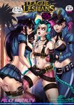  big_breasts black_hair blue_hair breasts caitlyn dialogue female female/female hair invalid_color jinx league_of_legends office open_mouth police purple_hair red_eyes smile vi video_games 