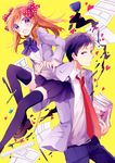  1girl bcoca black_eyes black_hair blazer book eraser gekkan_shoujo_nozaki-kun hair_ribbon heart inkwell jacket long_hair necktie nozaki_umetarou orange_hair paper pen pencil purple_eyes ribbon rouman_academy_uniform ruler sakura_chiyo school_uniform smile 