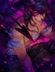  animal_ears clothed clothing dragon forked_tongue glowing glowing_eyes half-dressed horn human jotaku lazarus_(character) male mammal purple_eyes tongue topless torn_clothing transformation wings 
