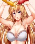  arm arms_up blonde_hair bow bow_bra bra breasts cleavage dated frilled_bra frills highres ketchup large_breasts long_hair looking_at_viewer mustard nakiri_erina purple_eyes shokugeki_no_souma solo tongue tongue_out tony_guisado underwear white_bra 