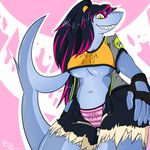  abstract_background anthro breasts clothing english_text eyeliner fish gloves hair long_hair marine mayhem_(renard) navel panties ponytail quin-nsfw shark shirt smile solo teeth text torn_clothing underwear 