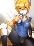  blonde_hair drinking ehime_mikan feline female green_eyes hair kemono mammal sport tiger tomboy wet 