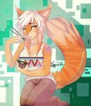  anthro big_breasts breasts chopsticks cleavage clothed clothing eating feline female fluffy_tail food fur hair kneeling long_hair looking_at_viewer lynx mammal orange_fur signature solo sparsile stripes white_hair yellow_eyes 
