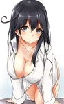  absurdres all_fours black_hair blush bottomless breasts cleavage commentary dress_shirt grey_eyes highres kantai_collection large_breasts leaning_forward long_hair looking_at_viewer naked_shirt saku_(kudrove) shirt solo ushio_(kantai_collection) 