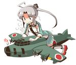  ahoge aircraft airplane akitsushima_(kantai_collection) blush dokan_(dkn) flying_boat gloves grey_hair hair_ornament hat kantai_collection long_hair military military_uniform mini_hat miniskirt nishikitaitei-chan pleated_skirt ponytail seaplane side_ponytail sidelocks silver_hair simple_background skirt thighhighs translation_request uniform white_background white_gloves zettai_ryouiki 
