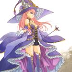  annalina_rehn breasts cervus cleavage dress frilled_dress frills glasses gloves hat highres kanpani_girls long_hair looking_away medium_breasts pink_hair purple_eyes standing thighhighs wand witch_hat 