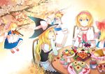  alice_margatroid apron ascot blonde_hair blue_eyes blush bow braid capelet cup flower food hair_bow hairband hat instrument kirisame_marisa long_hair macaron multiple_girls music open_mouth playing_instrument rue_(wyha666) shanghai_doll short_hair side_braid smile table teacup touhou violin waist_apron witch_hat yellow_eyes 
