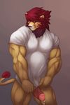  blush bottomless clothed clothing embarrassed erection feline half-dressed istani lion male mammal muscles penis precum solo 