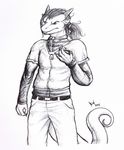  2012 anthro belt claws clothed clothing dragon hacket hair kalnareff kalnareff_(character) long_hair male monochrome pants ponytail scalie shirt sketch slit_pupils solo 