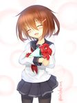  :d ^_^ anchor_symbol black_legwear black_skirt bouquet brown_hair carnation closed_eyes commentary_request fang flower hair_ornament hairclip ikazuchi_(kantai_collection) kantai_collection long_sleeves mother's_day murasame_shia neckerchief open_mouth pantyhose pleated_skirt red_carnation red_flower red_neckwear school_uniform serafuku short_hair skirt smile solo twitter_username 
