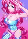  2015 abstract_background absurd_res anthro big_breasts blue_eyes breasts cleavage clothed clothing cutie_mark equine female friendship_is_magic hair hi_res legwear long_hair looking_at_viewer mammal my_little_pony panties pink_hair pink_skin pinkie_pie_(mlp) smile solo striped_legwear thigh_highs underwear xdtopsu01 