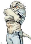  abs anthro baseball_uniform blue_eyes blush bulge butt clothing ear_markings facial_markings feline fur hair leo_(saitama_seibu_lions) lion looking_at_viewer male mammal mane markings mascot muscles navel nippon_professional_baseball pants plain_background pubes rossciaco saitama_seibu_lions shirt shirt_lift smile solo standing whiskers white_background white_fur white_hair 