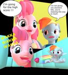  3d anthro anthrofied breasts cutie_mark duo earth_pony english_text equine female feral friendship_is_magic fur hair horse mammal multicolored_hair my_little_pony pac-man pac-man_(series) pink_hair pinkie_pie_(mlp) pony rainbow_dash_(mlp) rainbow_hair text video_games what wings 
