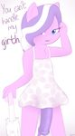  2015 animal_genitalia anthro anthrofied balls blue_eyes clothing cub dialogue diamond_tiara_(mlp) dickgirl dress earth_pony english_text equine friendship_is_magic fur hair hair_over_eye horse horsecock intersex lamiaaaa mammal my_little_pony parasol penis pink_fur pony purple_hair solo text two_tone_hair white_hair young 