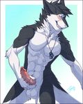  2015 abs anthro barbs blush cyan_eyes dog_tags feralise grin male muscles pecs penis sergal solo 