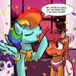  2015 blue_fur blush clothing dialogue dress duo english_text equine eyes_closed female feral friendship_is_magic fur hair lumineko mammal multicolored_hair my_little_pony open_mouth orange_fur pegasus purple_eyes purple_hair rainbow_dash_(mlp) rainbow_hair scootaloo_(mlp) text wing_boner wings 