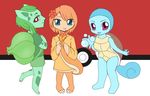  anthro blue_eyes blue_skin bubble bulbasaur charmander claws clothing cute female fire green_hair green_skin group hair looking_at_viewer nintendo orange_hair orange_skin pok&eacute;mon purple_eyes red_eyes squirtle unknown_artist video_games 