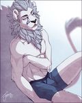  2015 abs biceps boxer bulge feline feralise fur lion looking_at_viewer male mammal muscles one_eye_closed pecs solo tattoo white_fur wink 