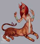  breasts cat clothed clothing ears_piercing eyeshadow feline female hair happy looking_at_viewer makeup mammal ninja_kitty ninjakitty red_eyes red_hair sitting small_breasts smile solo sphinx taur tiger 