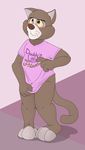  anthro bottomless bulge cat clothed clothing covering covering_self disney douglas_benson embarrassed feline flat_colors half-dressed inside looking_up male mammal neenya shirt solo talespin wet_spot 