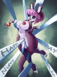  2015 abstract_background anthro areola big_breasts big_ears breasts don_ko erect_nipples female fur hair hybrid looking_at_viewer mammal nipples nude ottsel pink_hair purple_fur pussy ribbons scissors smile solo sushi_(character) white_fur 