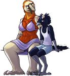  2015 abs alpha_channel anthro avian bearded_vulture bird blue_eyes breasts claws clothed clothing corvid digitigrade duo feathers female larger_female muscles muscular_female open_mouth royalty_(artist) shorts sitting size_difference smaller_male vulture wide_hips yellow_eyes 