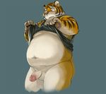  anthro balls belly black_fur bottomless chest_tuft claws clothed clothing erection feline fur half-dressed kitajiro2 looking_down male mammal moobs orange_fur overweight pawpads paws penis plain_background pubes shirt shirt_lift solo standing stripes tank_top teeth tiger tuft vein veiny_penis whiskers white_fur 