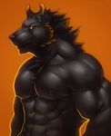  abs anthro biceps big_muscles black_fur black_nipples black_nose brown_eyes canine chest_tuft clothed clothing fur half-dressed male mammal muscles nipples pecs pirun pirun_(artist) ripped solo toned topless tuft wolf yellow_eyes 