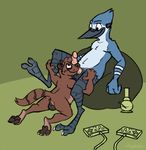  anthro anus avian backsack balls beak bean_bag big_penis bird blue_feathers blue_jay bong brown_fur butt cartoon_network drugs duo fur game_controller glans holding_legs imminent_oral looking_down looking_up male male/male mammal mordecai_(regular_show) nervous penis raccoon regular_show rigby_(regular_show) shysketch sitting striped_tail unsure 