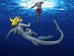  2015 anthro blonde_hair breasts clothed clothing digital_media_(artwork) dorsal_fin duo female fin fish hair half-dressed human lyra_(tokaido) male mammal marine non-mammal_breasts nude sea shark shorts side_boob swimming swimming_trunks swimsuit tokaido toned topless underwater water 