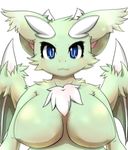  2014 animated anthro big_breasts blue_eyes bouncing breasts chest_tuft cute dragon emofuri female fur furred_dragon grey_fur horn jiggling_breasts kemono latte_(artist) mammal mischka plain_background solo tuft white_background wings 