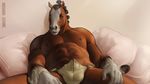  abs anatomically_correct anhes anthro balls biceps black_hair braided_hair briefs brown_eyes brown_fur bulge clothed clothing clydesdale draft_horse equine fur green_eyes grey_fur hair half-dressed horse looking_at_viewer lying male mammal mane muscles nipples on_back pecs pillow ponytail rannik smile solo spread_legs spreading tail_wrap toned topless underwear vein white_fur 