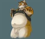  anthro balls belly black_fur bottomless chest_tuft claws clothed clothing feline flaccid fur half-dressed kitajiro2 looking_down male mammal moobs orange_fur overweight pawpads paws penis phimosis plain_background pubes shirt shirt_lift solo standing stripes tank_top teeth tiger tuft uncut whiskers white_fur 