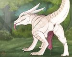  albino_scales alligator anus chime dragon erection forest furrycandyshop green_eyes grin horn hybrid male penis precum presenting reptile scalie sharp_teeth solo spikes teeth tongue tongue_out tree 