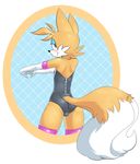  2015 anthro blush bulge butt canine crossdressing eyeshadow fox girly hi_res legwear leotard looking_at_viewer looking_back makeup male mammal miles_prower multiple_tails rear_view smile solo sonic_(series) sparkydb stretching thick_thighs thigh_highs zipper 