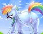  2015 angry anus blue_fur blush bound butt cycloned equine female feral fluffy friendship_is_magic fur hair looking_at_viewer looking_back mammal multicolored_hair my_little_pony outside pegasus pussy rainbow_dash_(mlp) rainbow_hair sky solo wings 