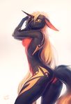  2015 anthro black_fur blonde_hair breasts butt dash_ravo equine female fur hair horn long_hair looking_at_viewer mammal markings nipples nude plain_background red_fur side_boob solo unicorn vimaryia white_background yellow_eyes 