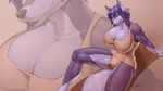  2015 anthro big_breasts black_nose breasts camel_toe canine cleavage clothed clothing cyan_eyes female fur grey_fur hair huge_breasts jindragowolf looking_at_viewer mammal purple_hair sitting solo wolf 