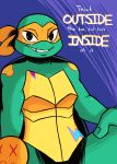  2018 anthro bandanna brown_eyes dialogue english_text hand_on_leg inkyfrog looking_at_viewer male markings mask michelangelo_(tmnt) reptile rise_of_the_teenage_mutant_ninja_turtles scalie shell simple_background sitting smile solo teenage_mutant_ninja_turtles text tooth_gap turtle 