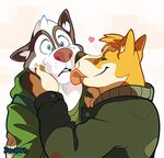  &lt;3 anthro blue_eyes brown_fur canine chest_tuff claws clothed clothing dog duo fur hoodie husky jacket licking male male/male mammal plain_background romantic smile super-tuler surprise tongue tongue_out white_background yellow_fur 
